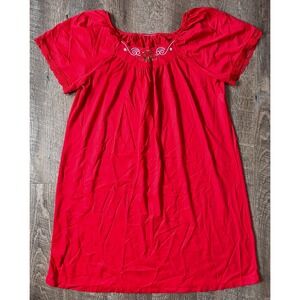 Miss Elaine‎ Classics Nightgown Short Sleeve Size L Red Embroidery Floral VTG